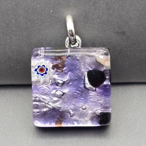 Murano Jewelry - Murano Dichroic Glass Pendant 1"x.75" Purple w/ Millefiori Accent Signed `